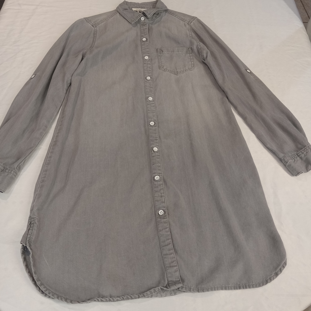 Beach Lunch Lounge Gray Button Up Roll Tab Sleeve Shirt Dress, Pockets, Size XS